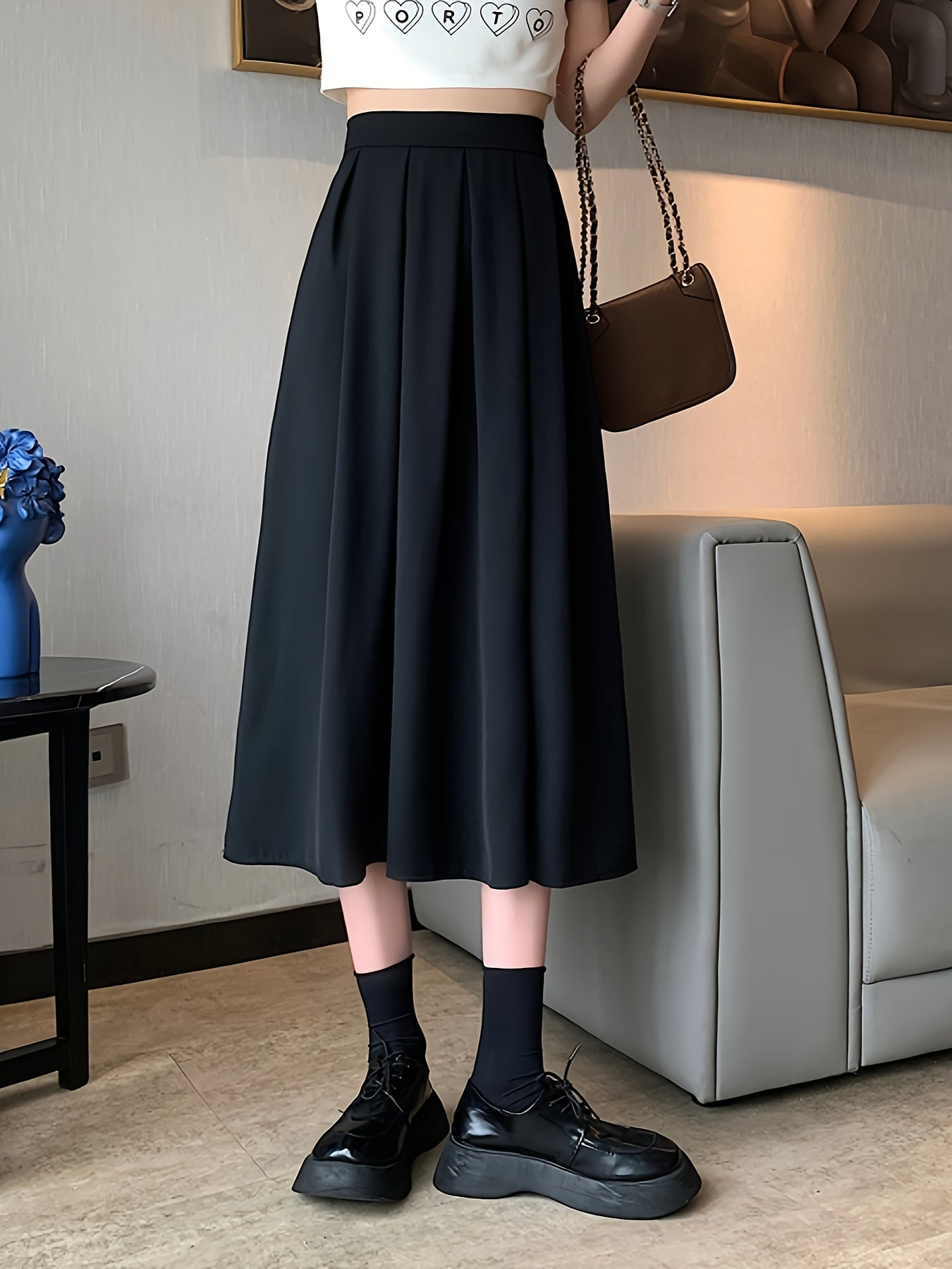 Solid High Waist Skirt, Casual Pleated Midi Skirt, Women's Clothing