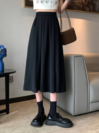 Solid High Waist Skirt, Casual Pleated Midi Skirt, Women's Clothing