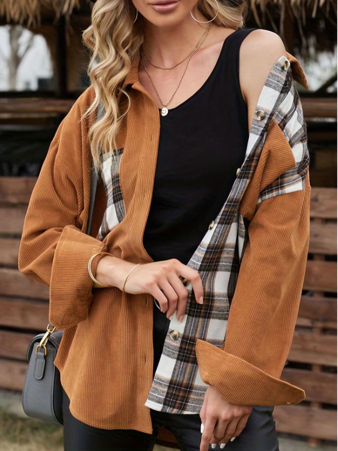 gbolsos  Plaid Print Splicing Jacket, Vintage Button Front Long Sleeve Outerwear, Women's Clothing