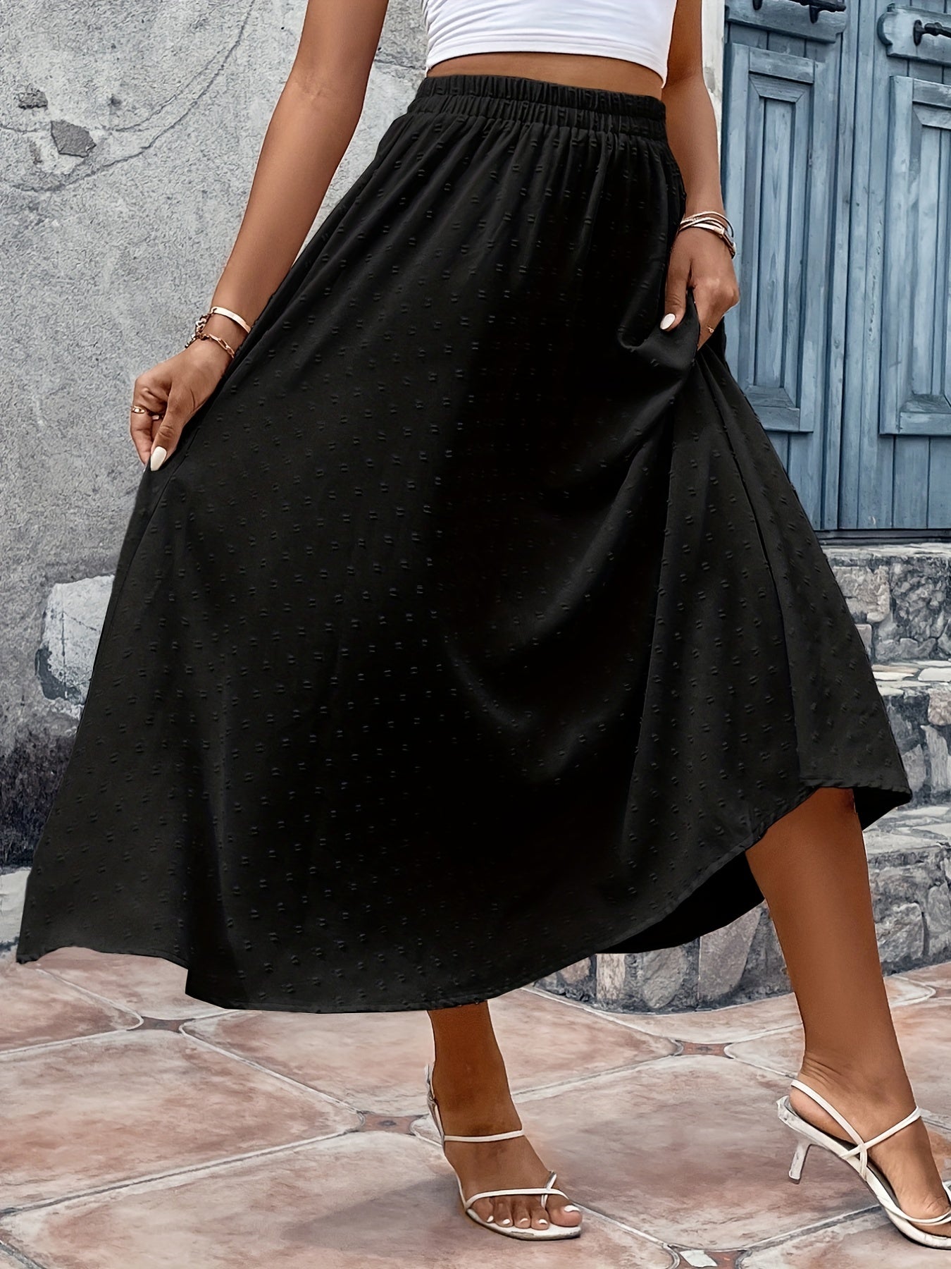 Swiss Dot Elastic Waist Skirt, Casual Ruffle Hem Skirt For Spring & Summer, Women's Clothing