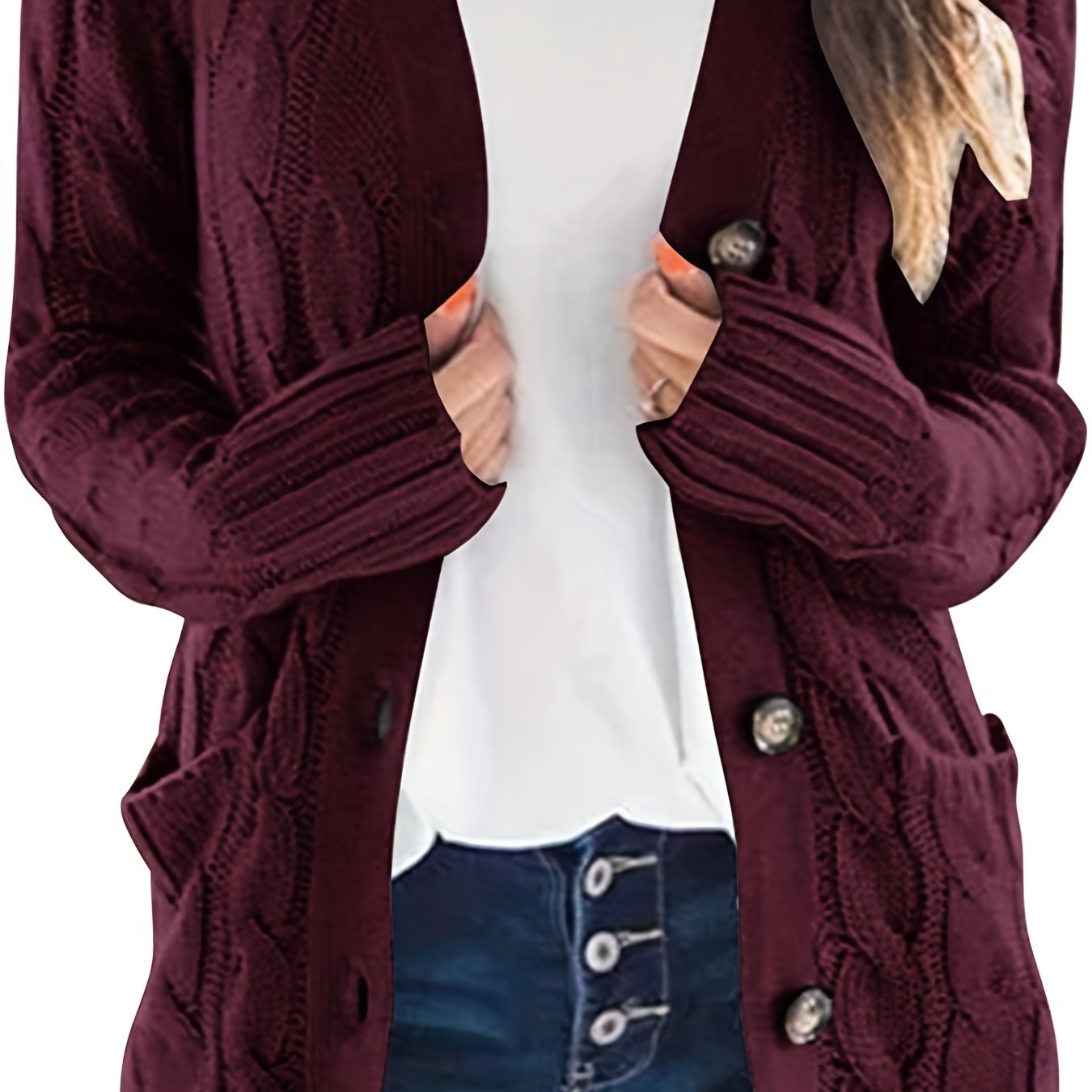 Cable Knit Button Front Cardigan, Casual Solid Long Sleeve Cardigan For Fall & Winter, Women's Clothing