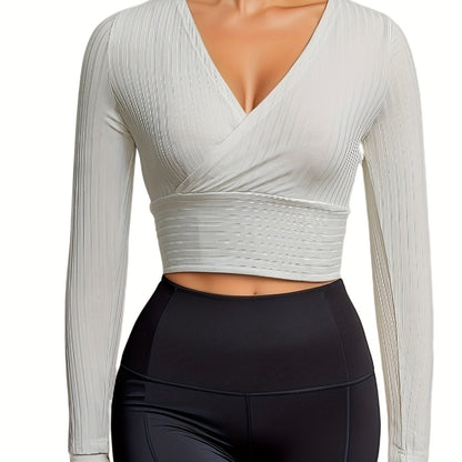 gbolsos  Ribbed Solid Deep V Neck Long Sleeve Cross Wrap Crop Tops , Women's Clothings
