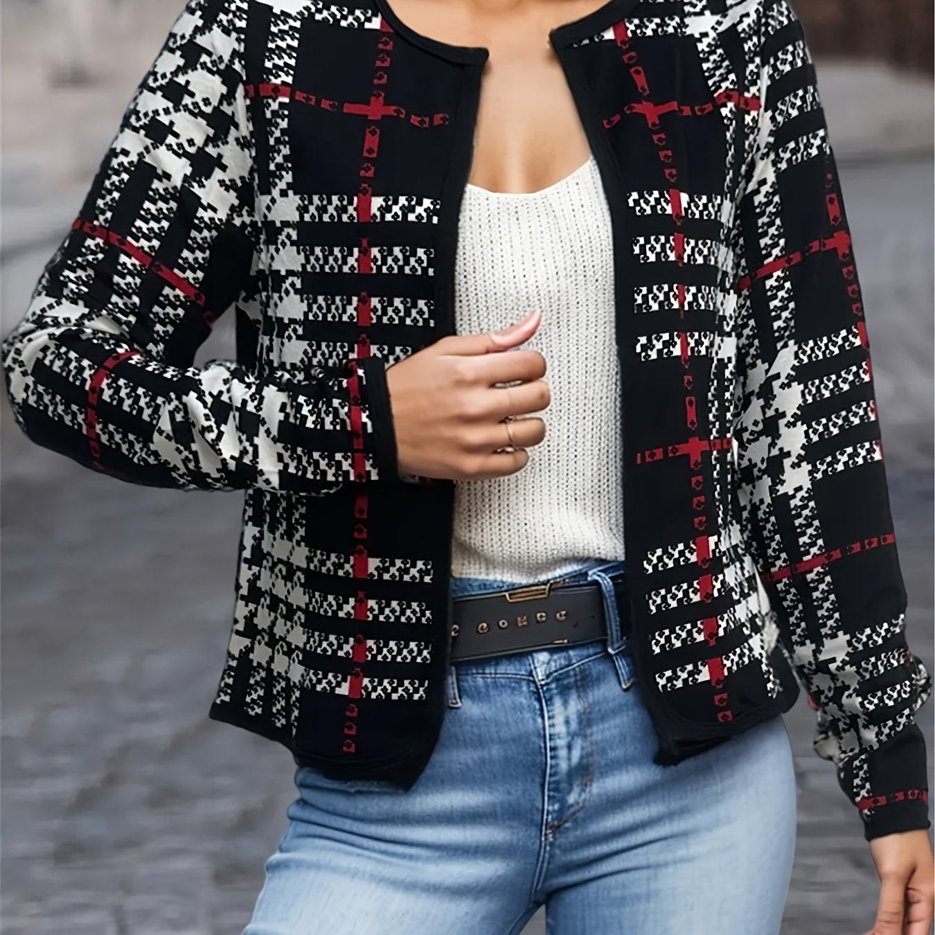 gbolsos Houndstooth Print Jacket, Casual Open Front Crew Neck Long Sleeve Outerwear, Women's Clothing