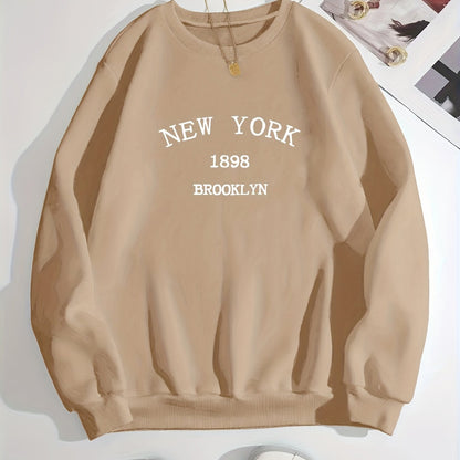 New York Brooklyn Print Loose Sweatshirt, Casual Long Sleeve Crew Neck Sweatshirt, Women's Clothing