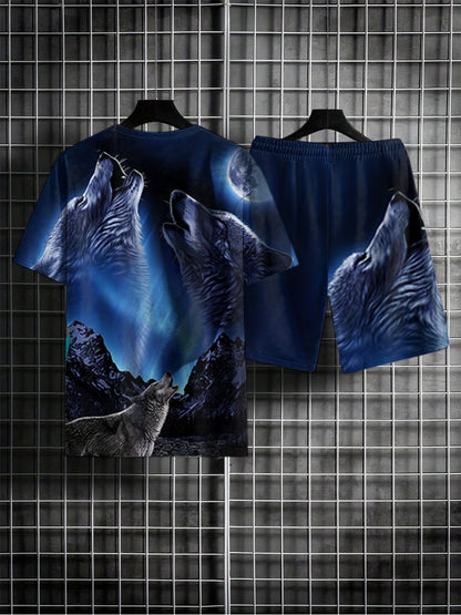 gbolsos   3D Wolf Pattern Print, Men's 2Pcs Outfits, Casual Crew Neck Short Sleeve T-shirt And Drawstring Shorts Set For Summer, Men's Clothing Loungewear