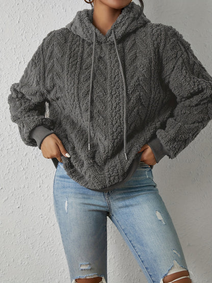Textured Hoodie Plush Sweatshirt, Casual Long Sleeve Drawstring Hoodies Sweatshirt, Women's Clothing