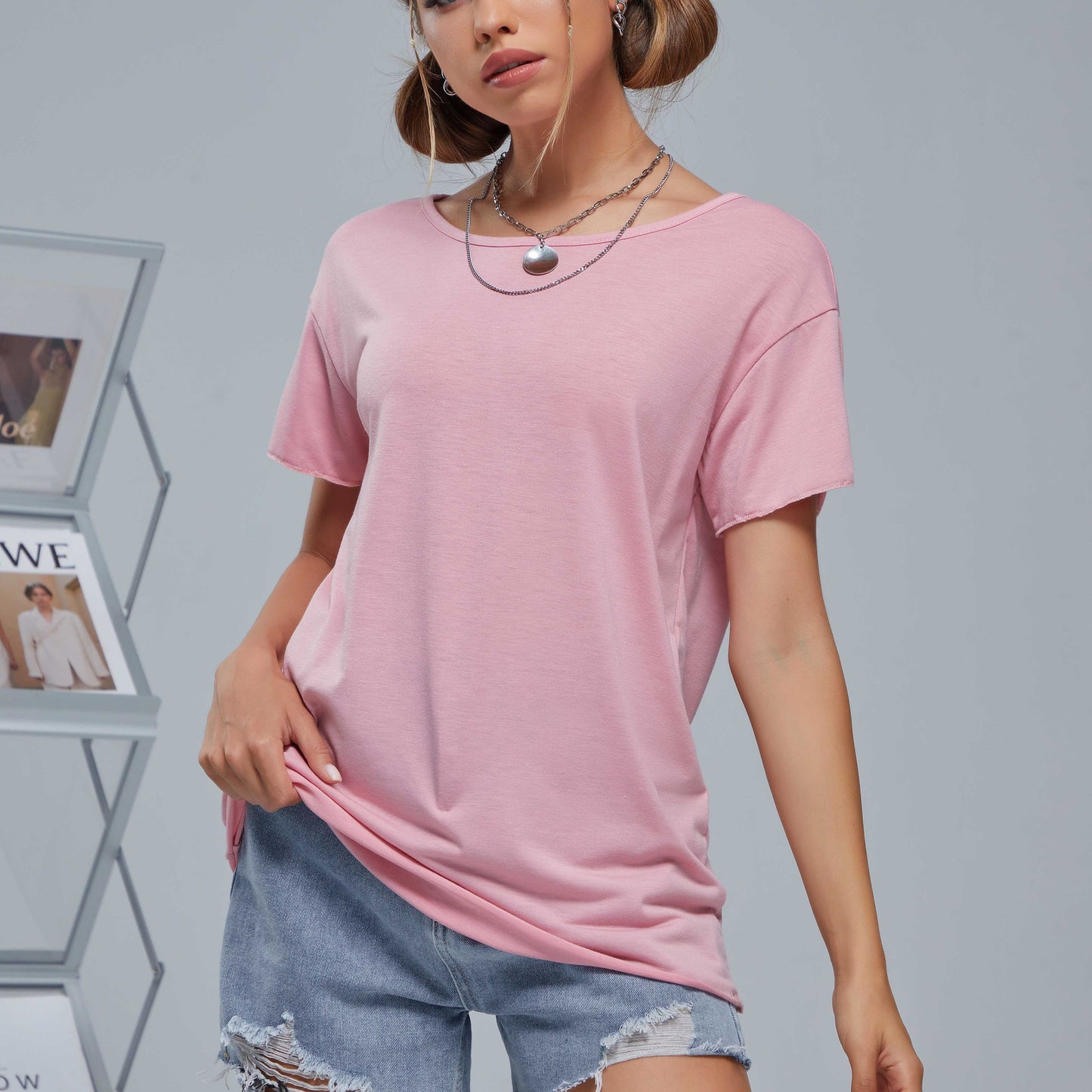gbolsos  Solid Color Loose Short Sleeve T-shirt, Sports Fitness Yoga Running Top, Women's Activewear