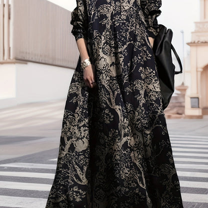 gbolsos  Vintage Graphic Print V-neck Dress, Elegant Long Sleeve Maxi Dress For Spring & Fall, Women's Clothing