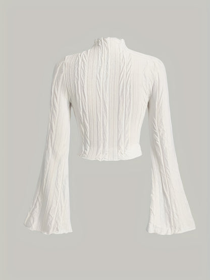 Textured Flared Sleeve Crop Top, Lettuce Trim Mock Neck Top For Spring & Fall, Women's Clothing