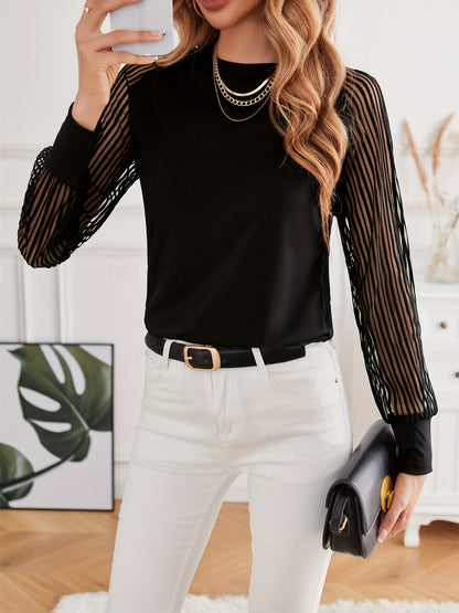 Semi-sheer Stripe Mesh Stitching Blouse, Casual Ribbed Crew Neck Long Sleeve Blouse, Women's Clothing