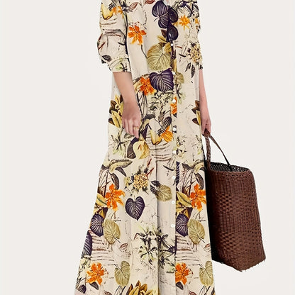 gbolsos  Leaves Print Single Button Dress, Versatile Long Sleeve Maxi Dress For Spring & Fall, Women's Clothing