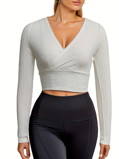 gbolsos  Ribbed Solid Deep V Neck Long Sleeve Cross Wrap Crop Tops , Women's Clothings