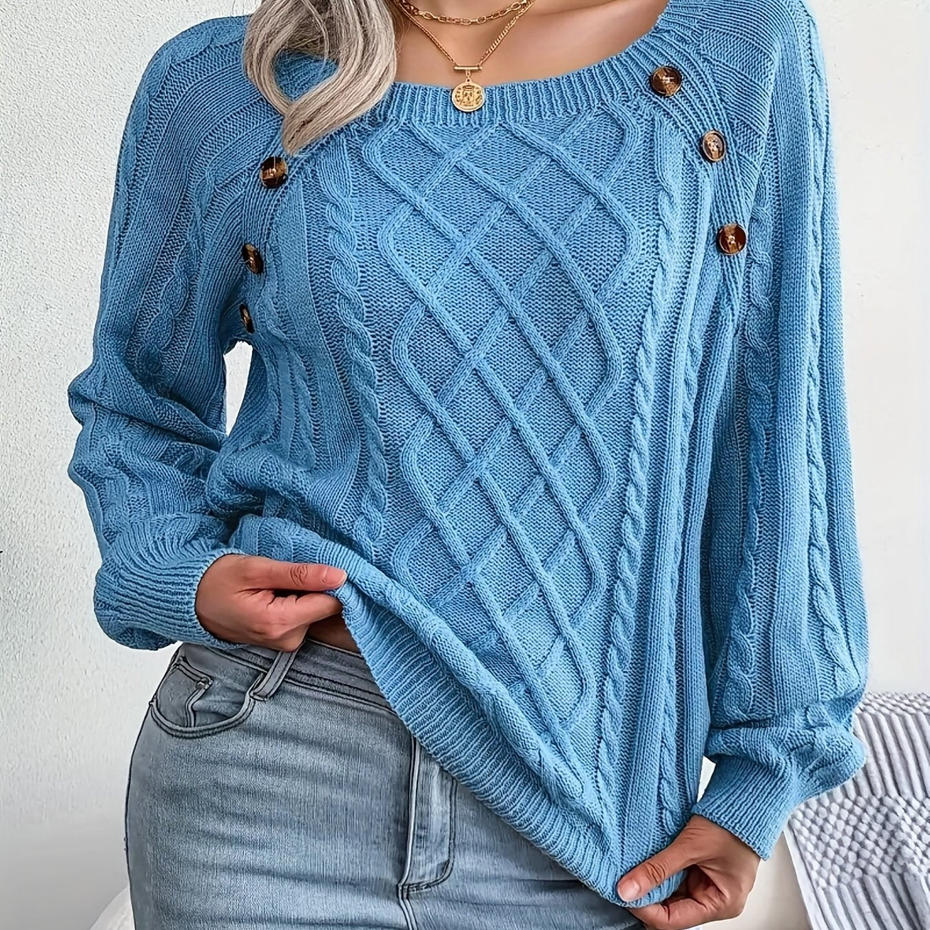 2025 gbolsos  Cable Knitted Button Sweater, Casual Long Sleeve Sweater For Fall & Winter, Women's Clothing
