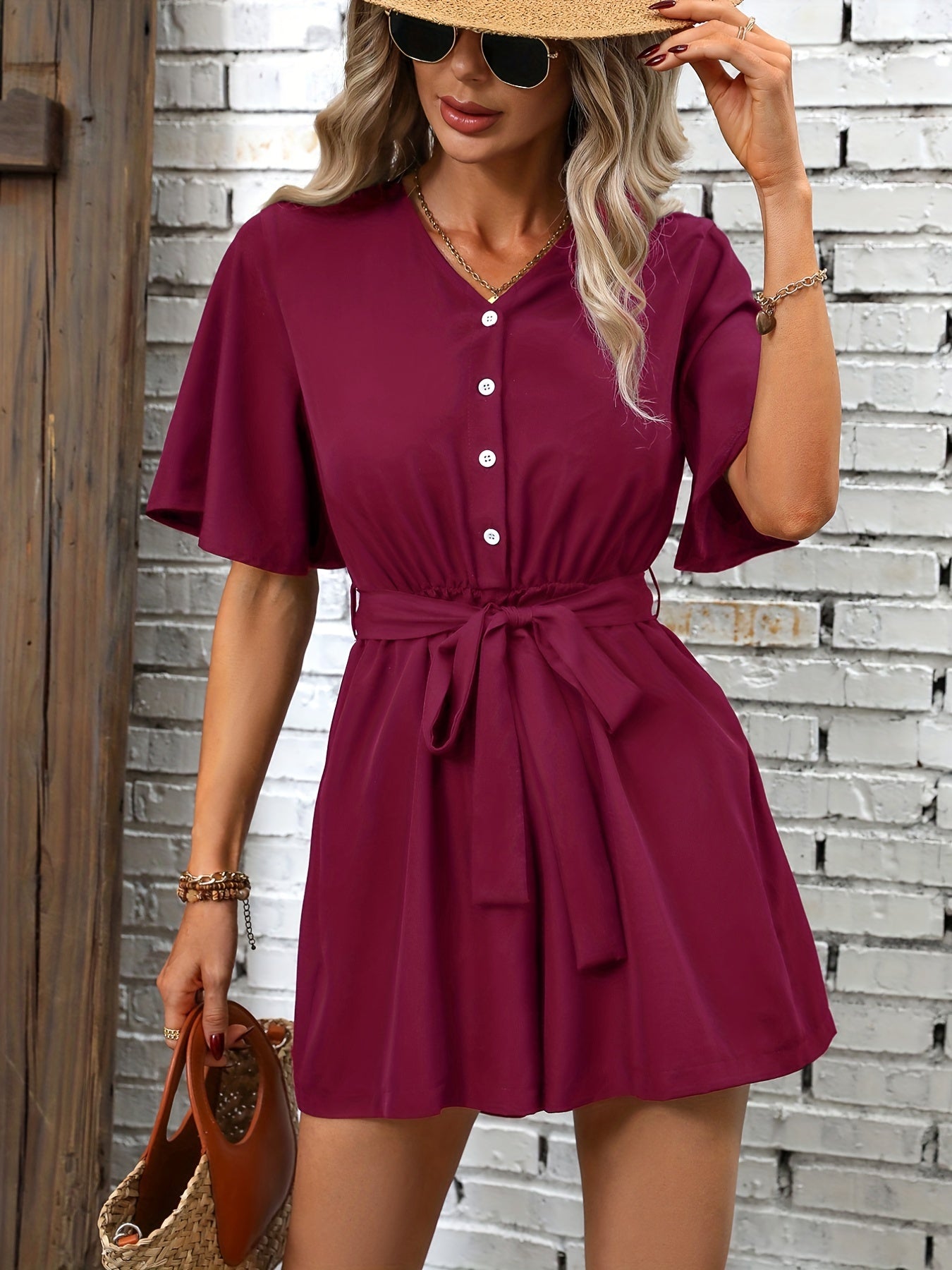 gbolsos  Flutter Sleeve V-neck Romper Jumpsuit, Casual Button Romper Jumpsuit, Women's Clothing