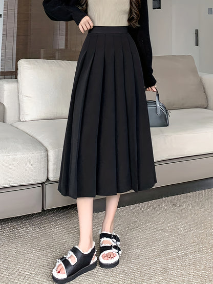 gbolsos  Solid High Waist Skirt, Elegant Pleated Midi Draped Skirt, Women's Clothing