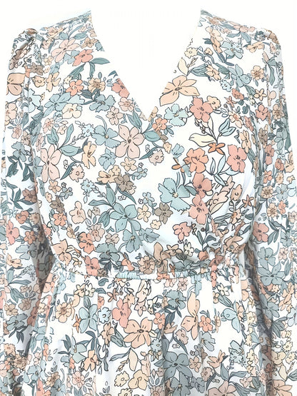 gbolsos  Floral Print Surplice Neck Dress, Elegant Long Sleeve Dress, Women's Clothing