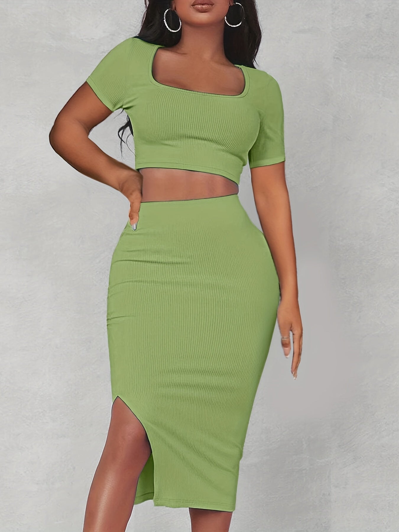 gbolsos  Sexy Matching Two-piece Skirt Set, Square Neck Crop Top & Split Bodycon Skirt Outfits, Women's Clothing