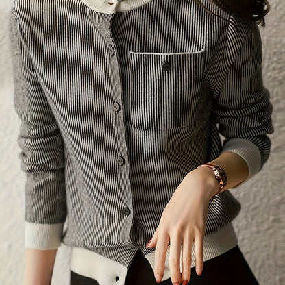 gbolsos Striped Button Up Knit Cardigan, Vintage Long Sleeve Crew Neck Sweater With Pocket, Women's Clothing