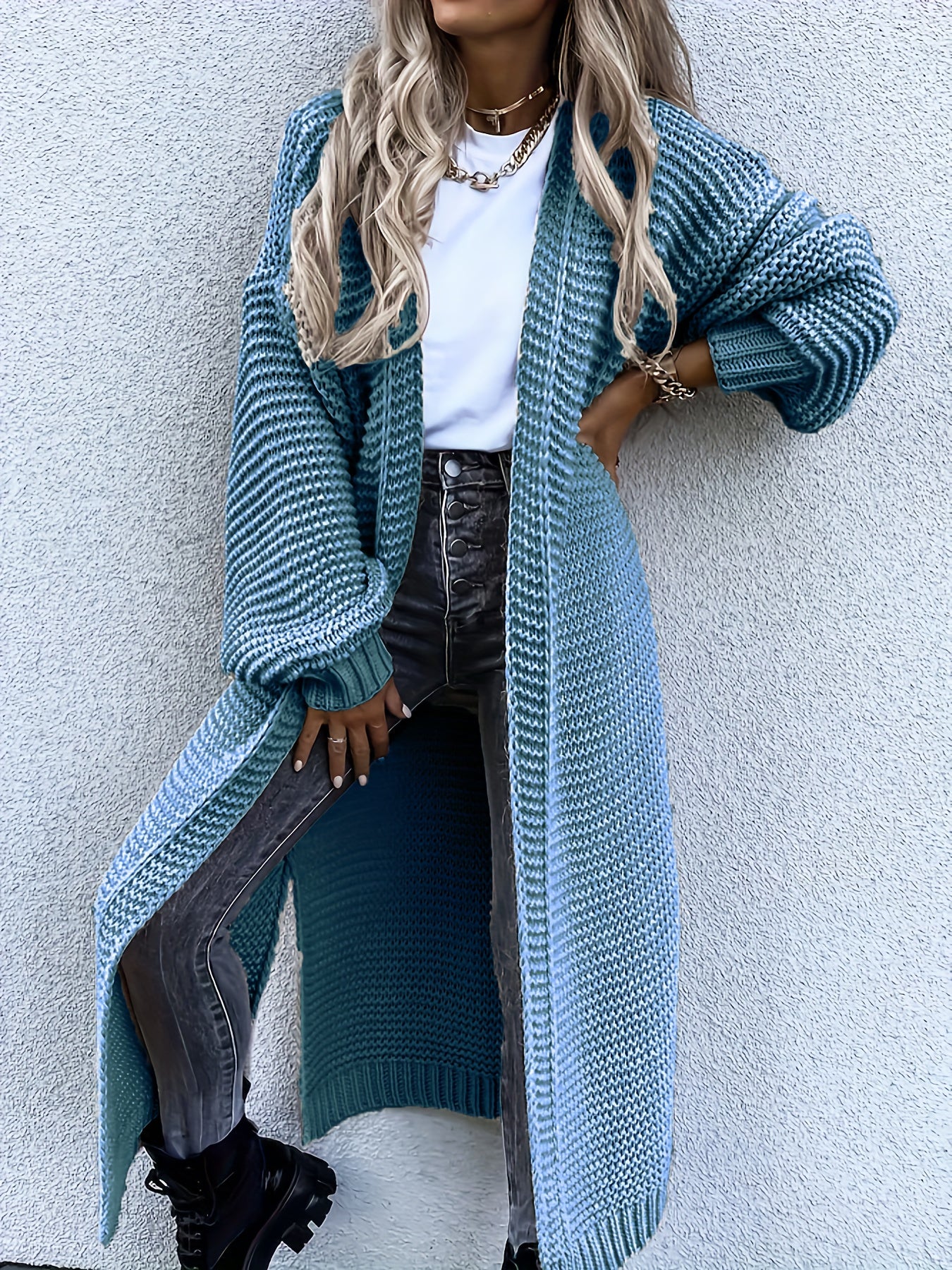 Solid Open Front Side Split Cardigan, Casual Long Sleeve Cardigan For Spring & Fall, Women's Clothing