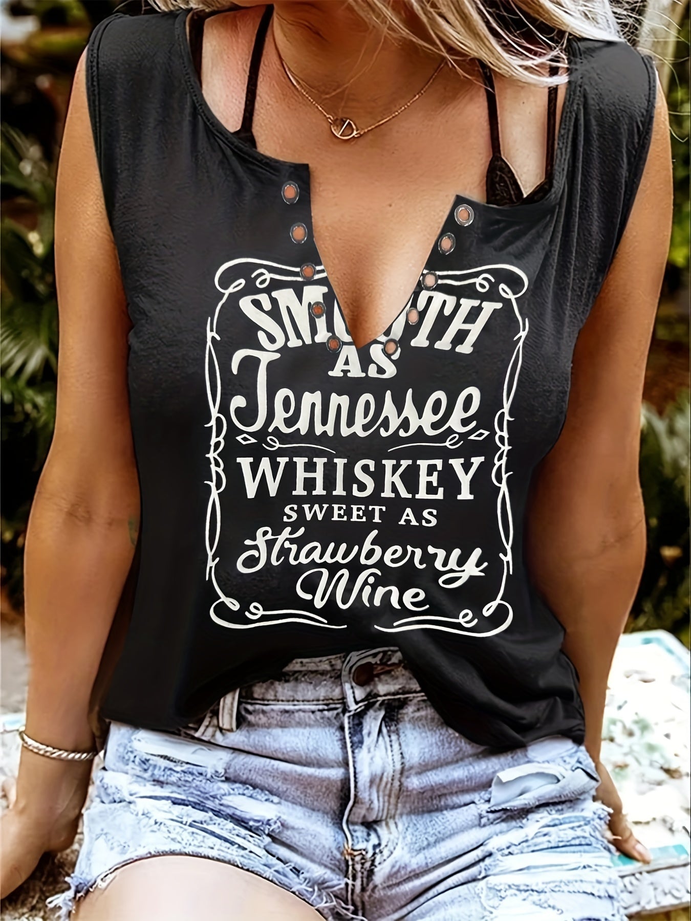 gbolsos  Whiskey Letter Print T-Shirt, Sleeveless Casual Every Day Top For Spring & Summer, Women's Clothing