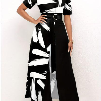 gbolsos  Brush Print Wide Leg Jumpsuit, Casual Crew Neck Short Sleeve Jumpsuit With Overskirts, Women's Clothing