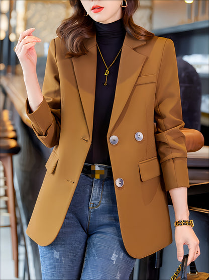 gbolsos  Solid Color Open Front Blazer, Elegant Lapel Neck Double Breasted Long Sleeve Split Blazer For Every Day, Women's Clothing