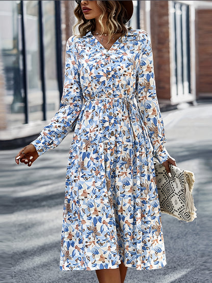 gbolsos  Floral Print Button Front Dress, Boho Long Sleeve V Neck Dress, Women's Clothing