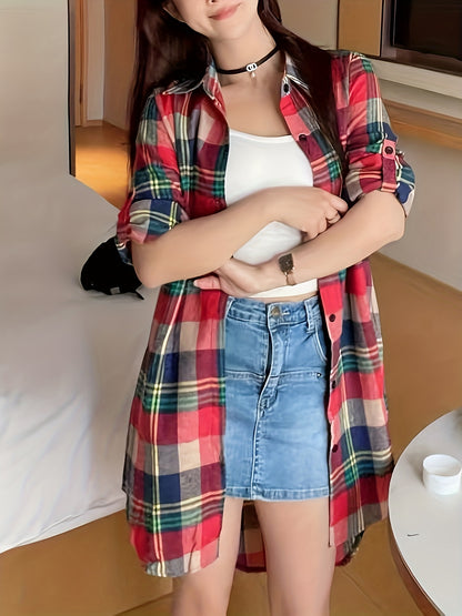 gbolsos  Plaid Print Button Front Shirt, Thigh Length Long Sleeve Shirt For Spring & Fall, Women's Clothing