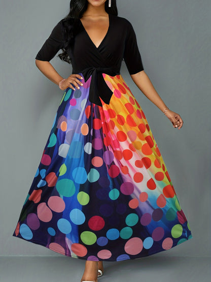 gbolsos  Graphic Print Plunging Dress, Elegant Short Sleeve Maxi Dress, Women's Clothing