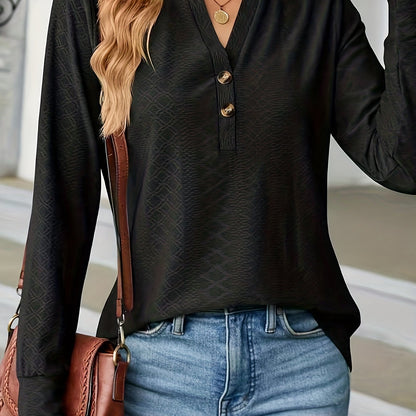 gbolsos  Jacquard Button Front V Neck T-Shirt, Casual Long Sleeve Top For Spring & Fall, Women's Clothing
