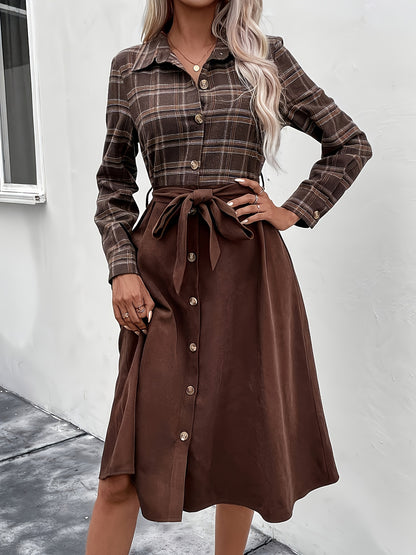 gbolsos Plaid Print Button Front Splicing Dress, Elegant Long Sleeve Dress, Women's Clothing