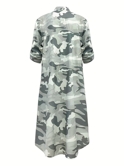 gbolsos  Camo Print Shirt Dress, Casual Button Front Long Sleeve Collar Dress, Women's Clothing