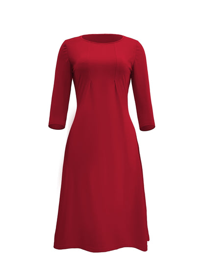Solid 3/4 Sleeve Dress, Elegant Crew Neck Simple Versatile Dress, Women's Clothing