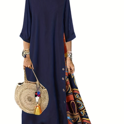2025 gbolsos  Ethnic Print Splicing Dress, Boho 3/4 Sleeve Crew Neck Maxi Dress, Women's Clothing