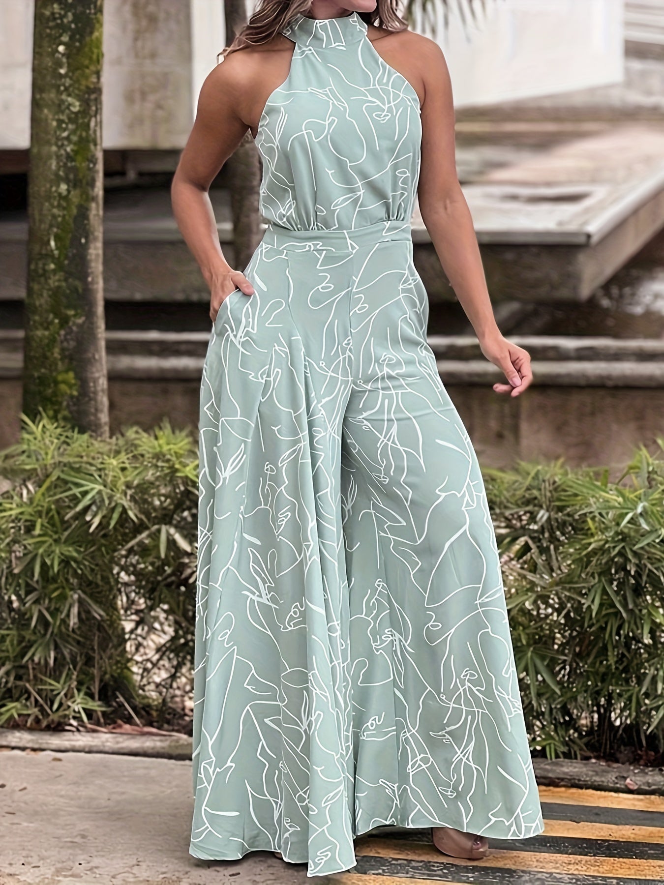 gbolsos  Abstract Print Wide Leg Jumpsuit, Elegant Sleeveless Jumpsuit For Spring & Summer, Women's Clothing