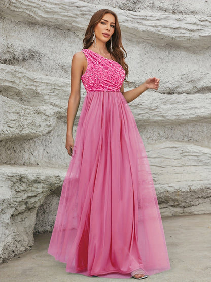 One Shoulder Sequin Dress, Elegant Sleeveless Dress For Party & Banquet, Women's Clothing