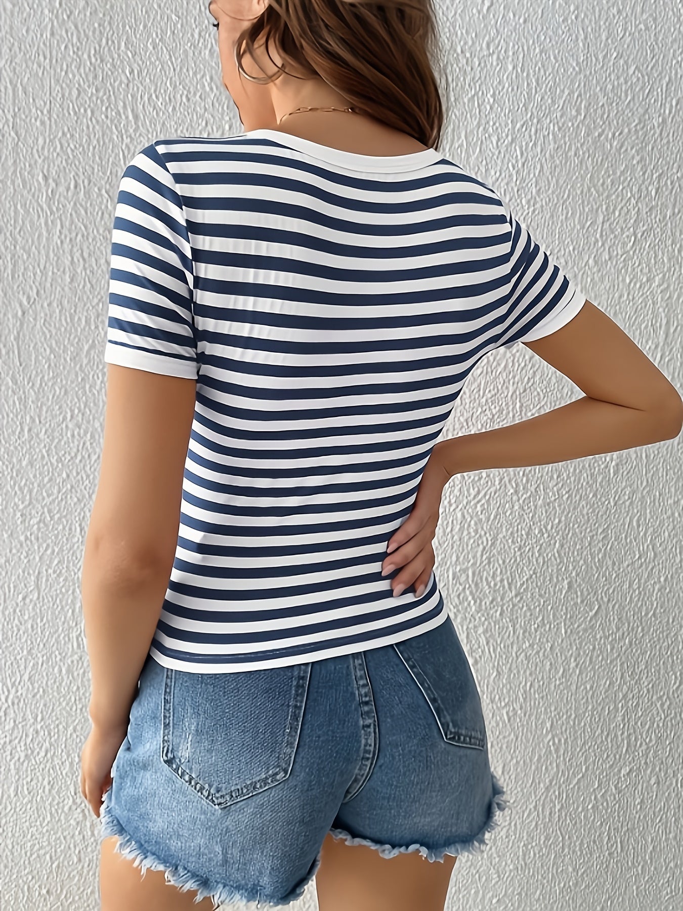 gbolsos  Striped & Heart Print T-shirt, Casual Split Crew Neck Short Sleeve Summer T-shirt, Women's Clothing