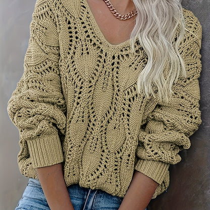 Cut Out V Neck Sweater, Casual Long Sleeve Sweater For Fall & Winter, Women's Clothing