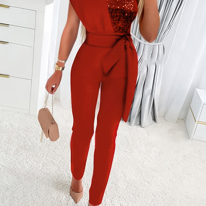 gbolsos  Sequin One Shoulder Jumpsuit, Party Solid Tie Waist Long Length Slim Jumpsuit, Women's Clothing