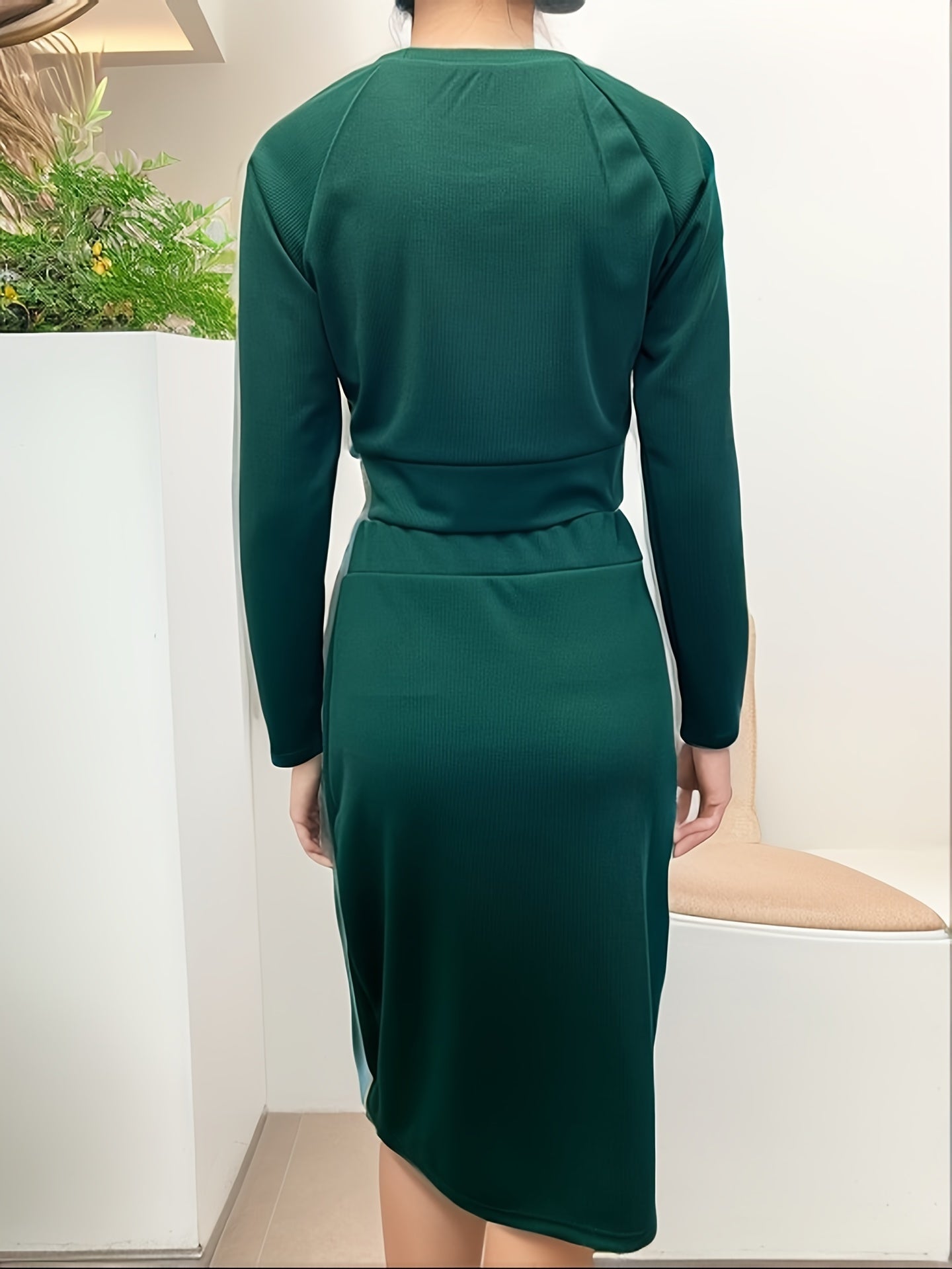 gbolsos  Casual Solid Two-piece Skirt Set, Crew Neck Long Sleeve Crop Top & High Waist Skirts Outfits, Women's Clothing