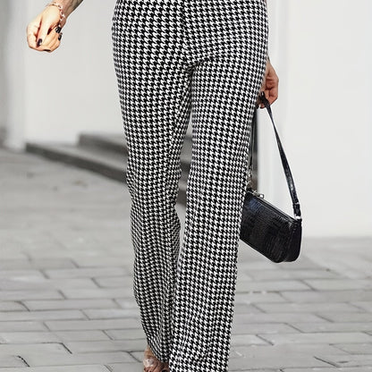 gbolsos  Houndstooth Straight Leg Pants, Elegant Stretchy Button High Waist Pants, Women's Clothing