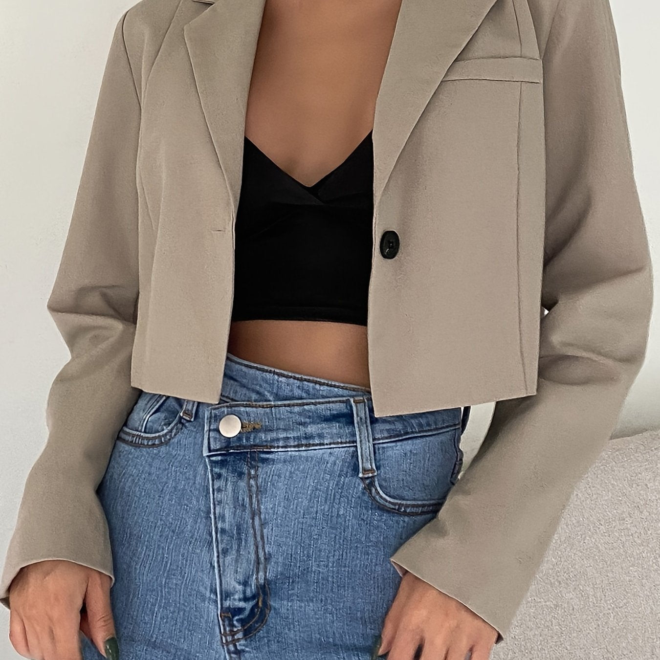 gbolsos  Cropped Solid Lapel Blazer, Elegant Open Front Long Sleeve Outerwear, Women's Clothing