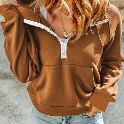 gbolsos  Solid Half Zip Hoodie, Casual Long Sleeve Pocket Sweatshirt, Women's Clothing