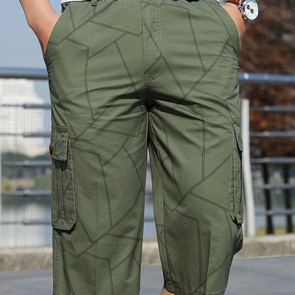 gbolsos  Geometric Pattern Cotton Cargo Shorts, Men's Casual Multi Pocket Waist Drawstring Cargo Shorts For Summer Outdoor