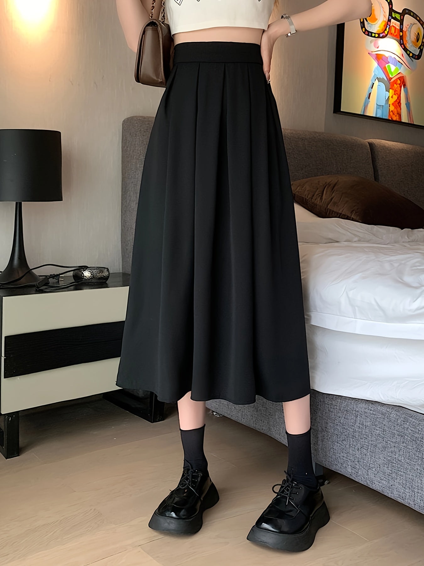 Solid High Waist Skirt, Casual Pleated Midi Skirt, Women's Clothing