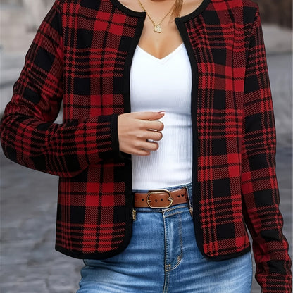 gbolsos Houndstooth Print Jacket, Casual Open Front Crew Neck Long Sleeve Outerwear, Women's Clothing