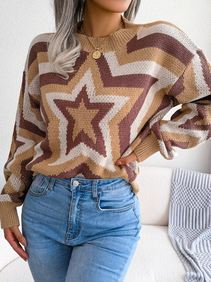 2025 gbolsos  Women's Sweater Drop Shoulder Crew Neck Colorblock Star Print Pullover Sweater