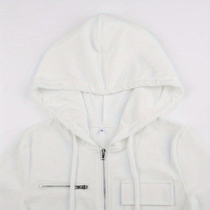 gbolsos  Zip Up Drawstring Jacket, Casual Solid Long Sleeve Hooded Outerwear, Women's Clothing