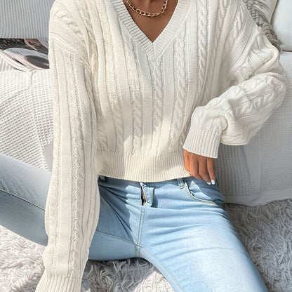 2025 gbolsos  Solid V-neck Cable Knit Sweater, Versatile Simple Long Sleeve Crop Knitted Top, Women's Clothing