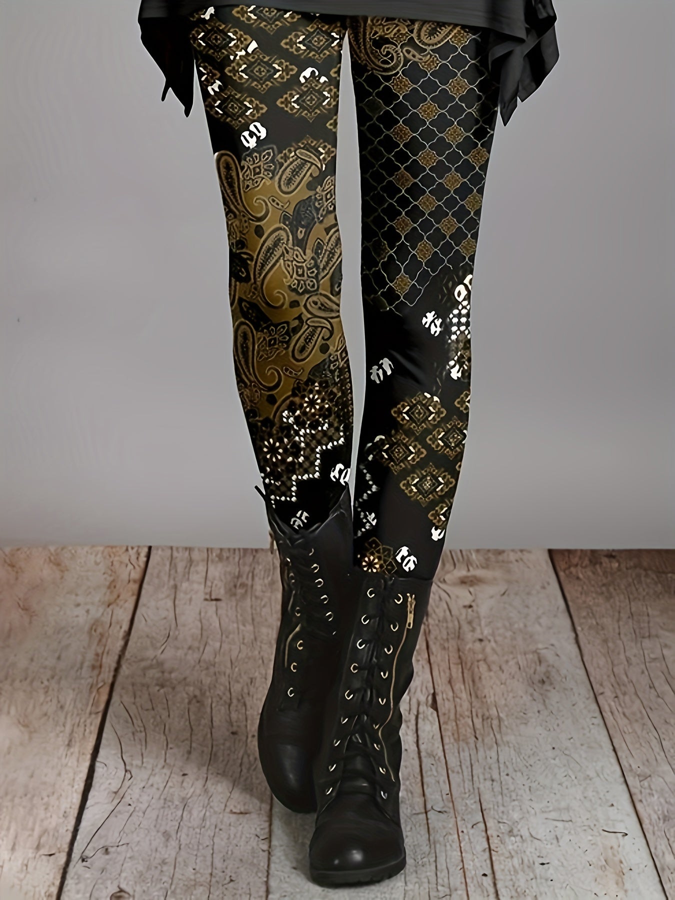 Allover Print Skinny Leggings, Vintage Elastic Waist Stretchy Leggings, Women's Clothing